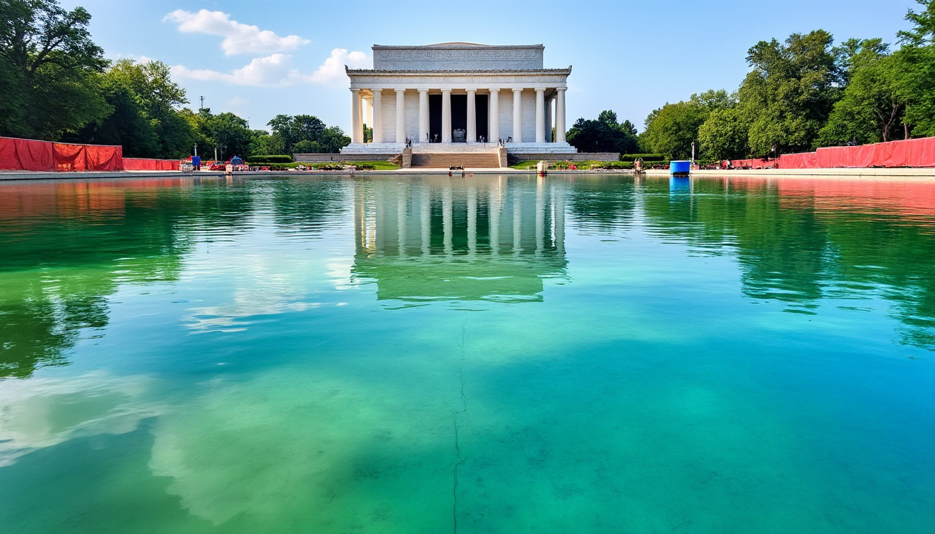 découvrez la rénovation spectaculaire à 14 millions de dollars du bassin réfléchissant, transformé de son éclat bleu étoilé original à un vert éclatant, alliant modernité et élégance pour un site unique.